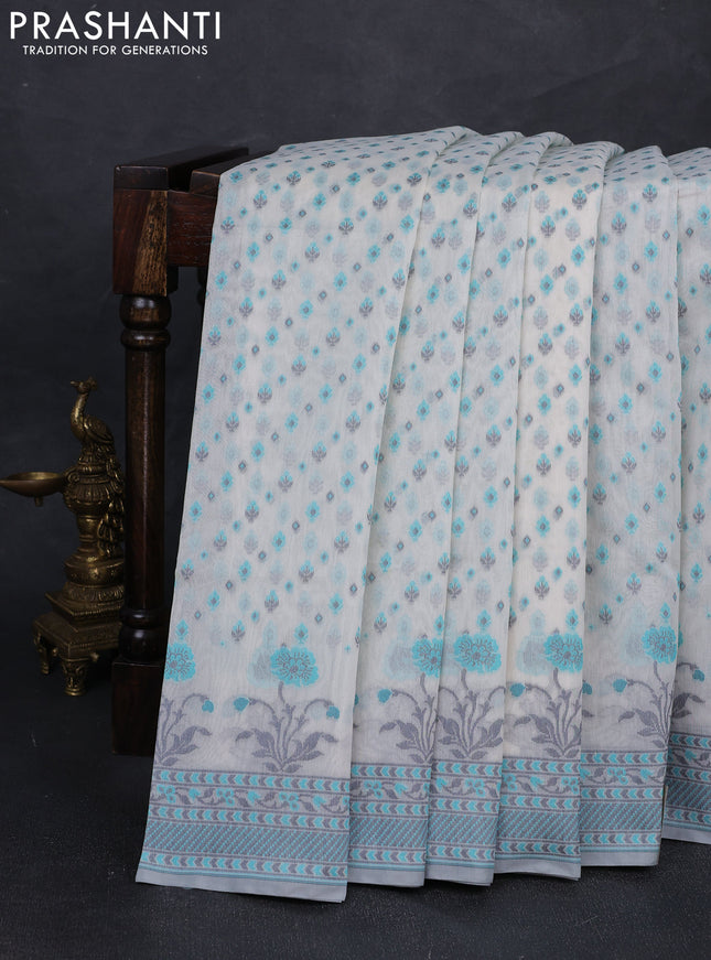 Banarasi cotton saree off white and teal blue with thread woven butta weaves and woven border