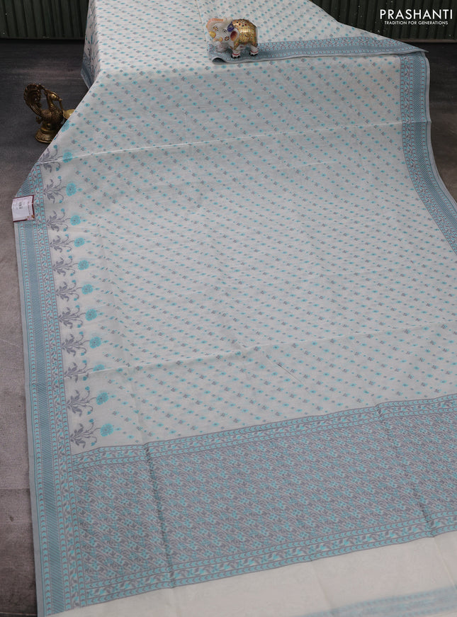 Banarasi cotton saree off white and teal blue with thread woven butta weaves and woven border