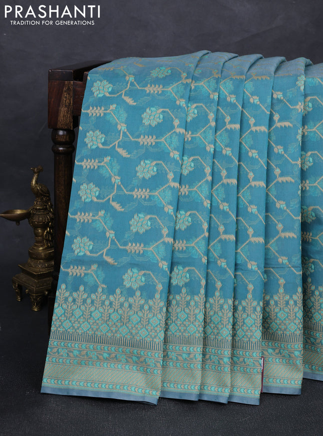 Banarasi cotton saree teal blue with allover thread weaves and woven border