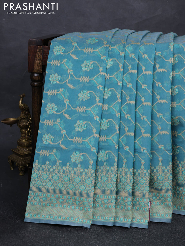 Banarasi cotton saree teal blue with allover thread weaves and woven border