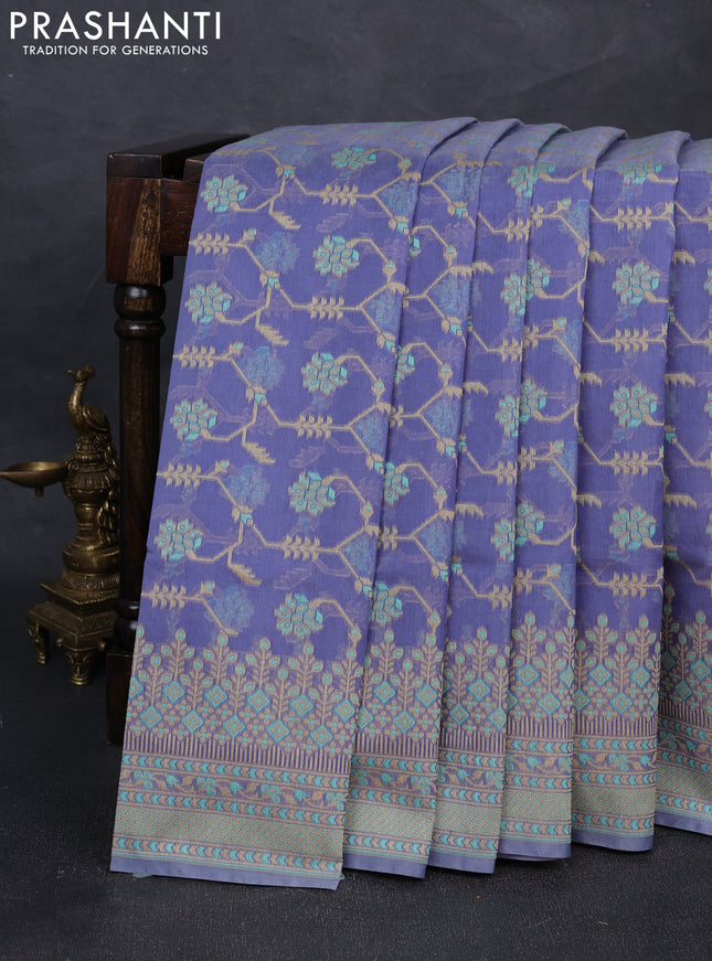 Banarasi cotton saree blue with allover thread weaves and woven border