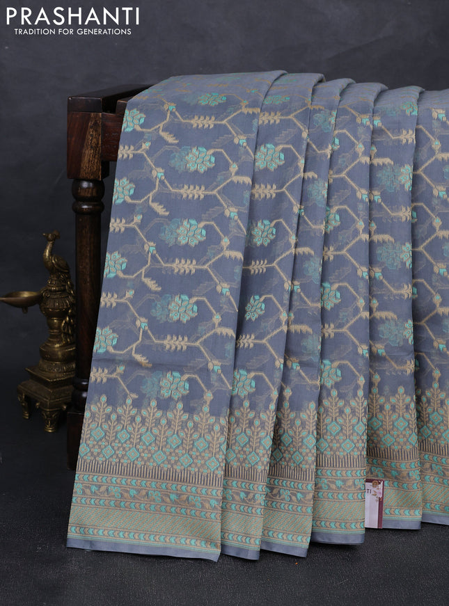 Banarasi cotton saree grey with allover thread weaves and woven border