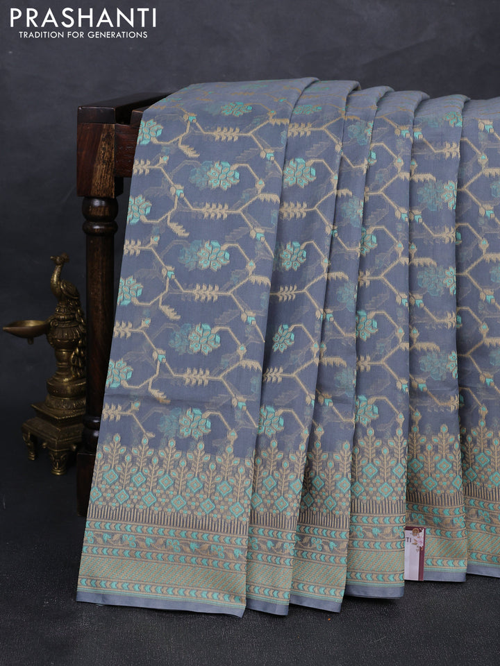 Banarasi cotton saree grey with allover thread weaves and woven border