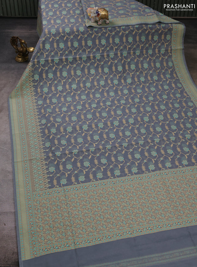 Banarasi cotton saree grey with allover thread weaves and woven border
