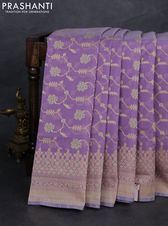 Banarasi cotton saree lavender with allover thread weaves and woven border