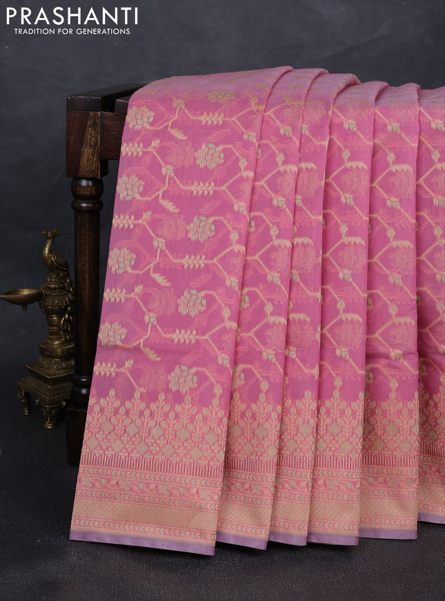 Banarasi cotton saree peach pink with allover thread weaves and woven border