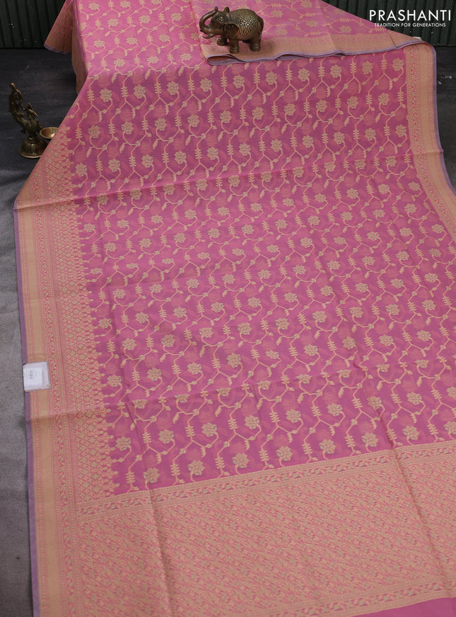 Banarasi cotton saree peach pink with allover thread weaves and woven border