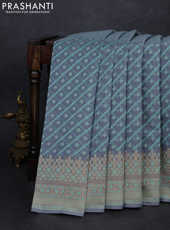 Banarasi cotton saree grey and teal green with allover thread weaves and woven border