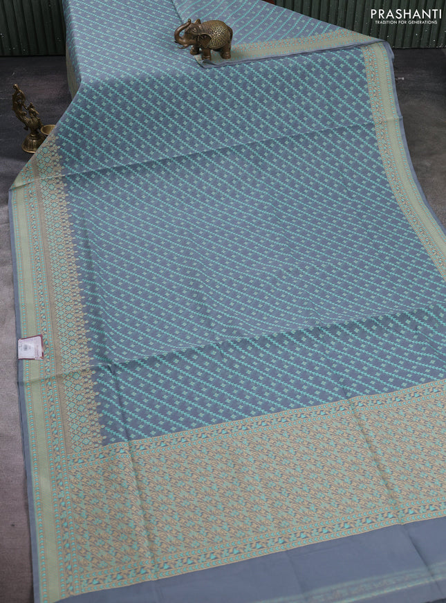 Banarasi cotton saree grey and teal green with allover thread weaves and woven border