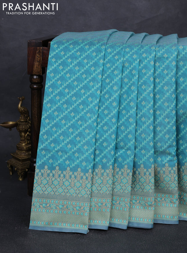 Banarasi cotton saree teal blue with allover thread weaves and woven border