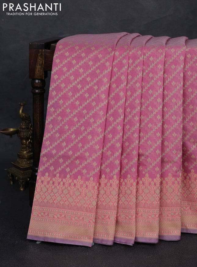 Banarasi cotton saree light pink with allover thread weaves and woven border