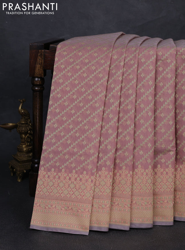 Banarasi cotton saree pastel pink with allover thread weaves and woven border