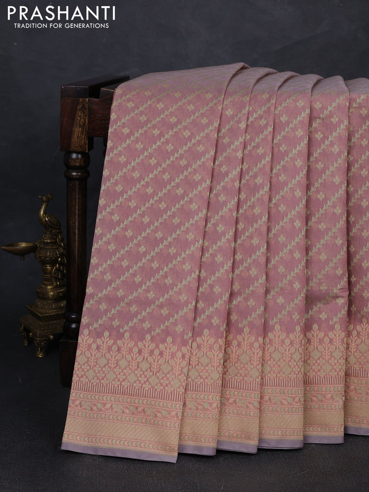 Banarasi cotton saree pastel pink with allover thread weaves and woven border