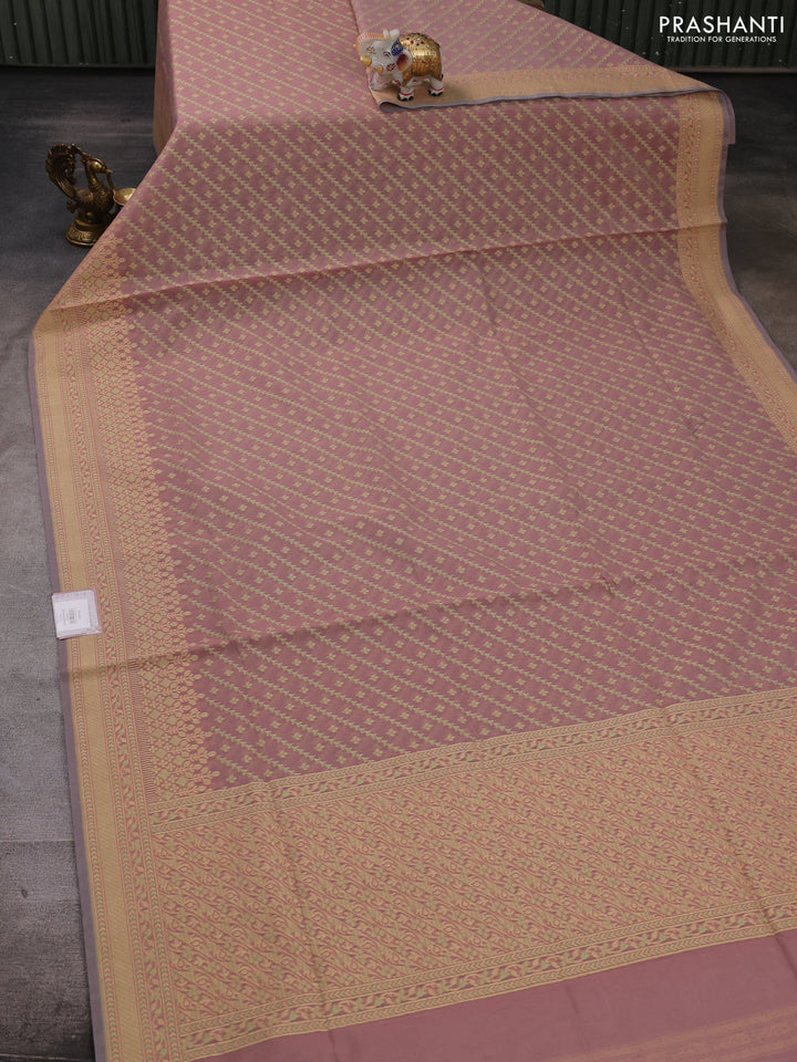 Banarasi cotton saree pastel pink with allover thread weaves and woven border