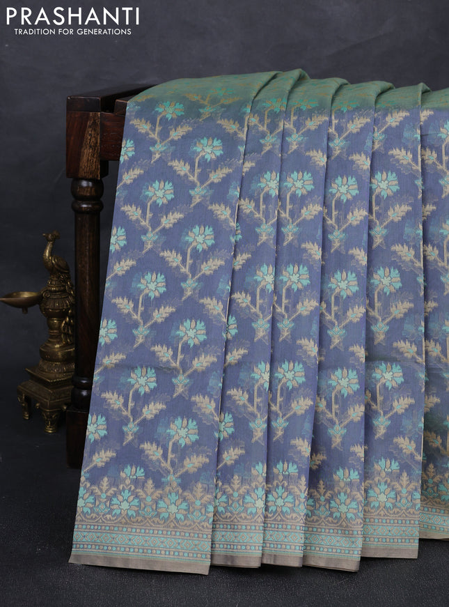 Banarasi cotton saree bluish grey with allover thread weaves and woven border