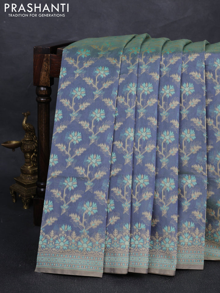 Banarasi cotton saree bluish grey with allover thread weaves and woven border
