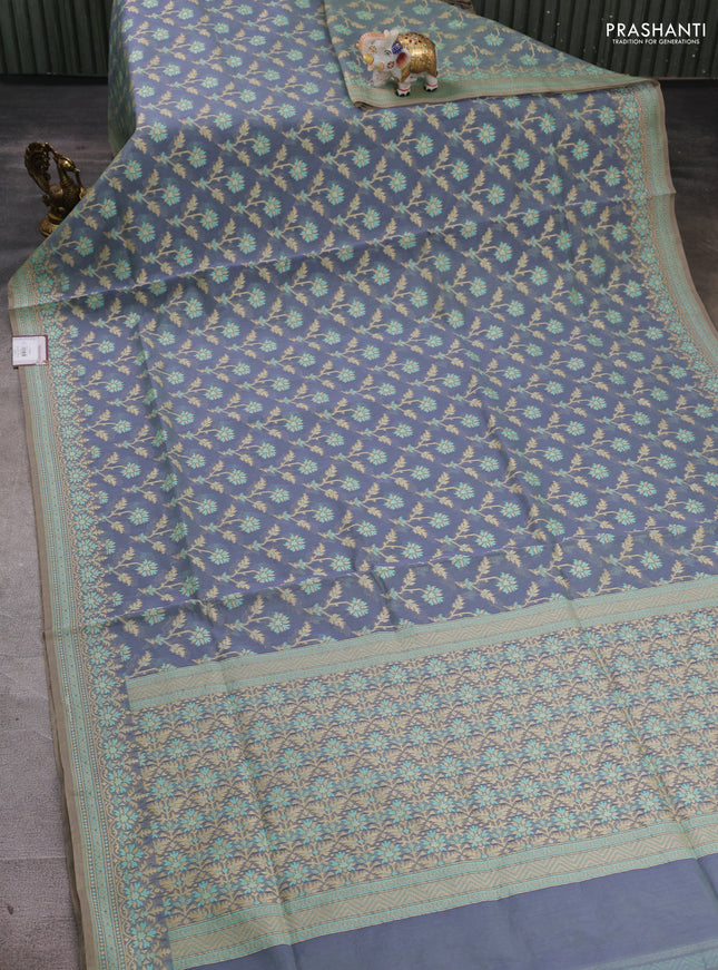 Banarasi cotton saree bluish grey with allover thread weaves and woven border