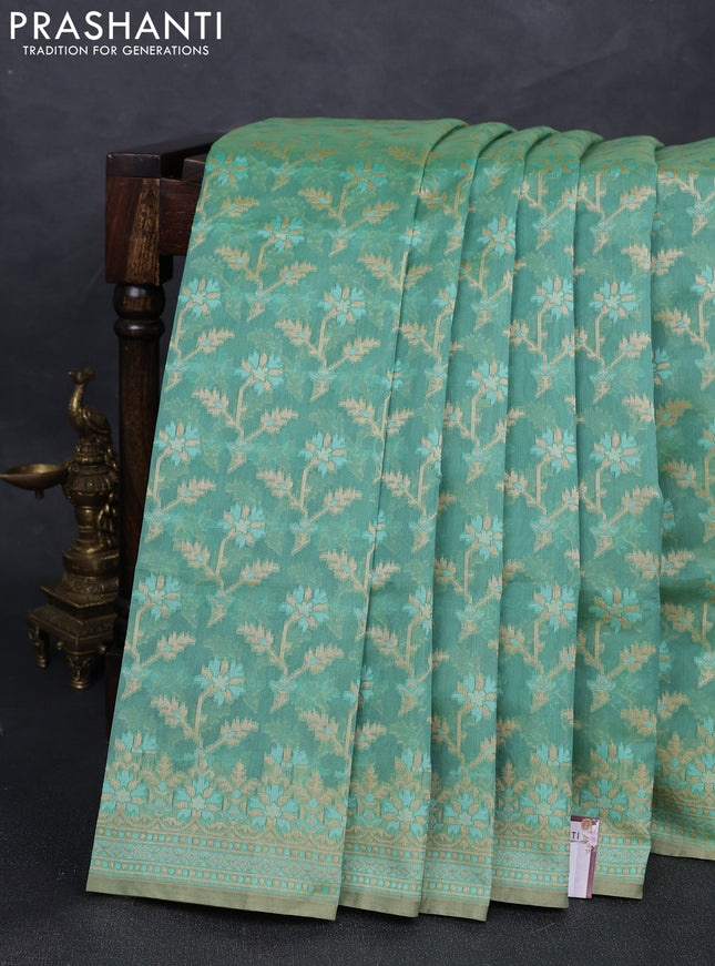 Banarasi cotton saree teal green with allover thread weaves and woven border