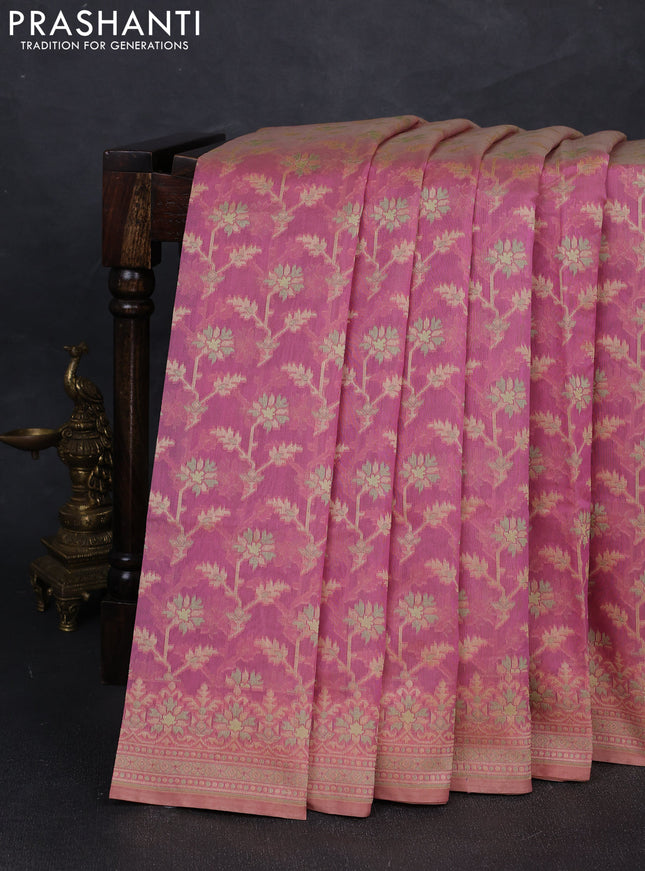 Banarasi cotton saree pastel pink with allover thread weaves and woven border