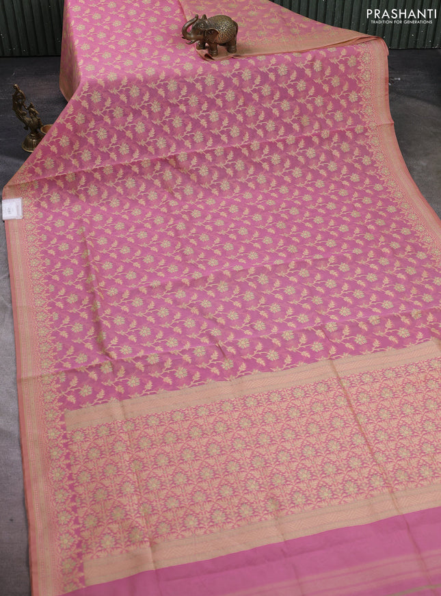 Banarasi cotton saree pastel pink with allover thread weaves and woven border