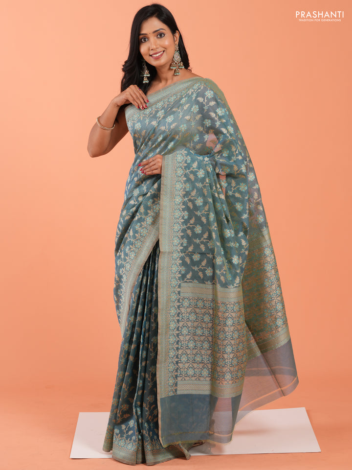 Banarasi cotton saree dual shade of teal blue with allover thread weaves and woven border