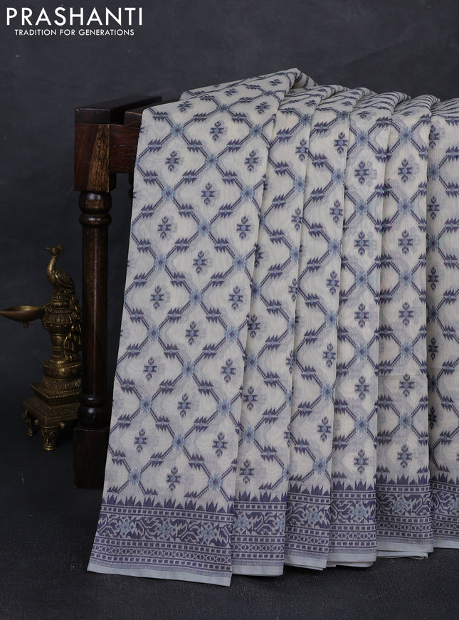 Banarasi cotton saree off white and navy blue with allover thread weaves and woven border