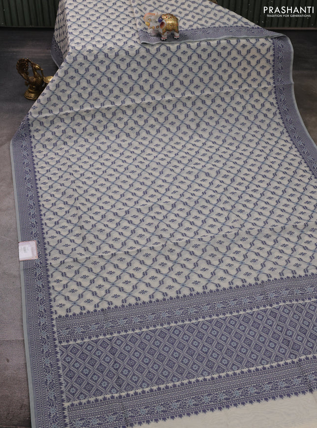 Banarasi cotton saree off white and navy blue with allover thread weaves and woven border