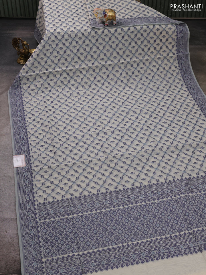 Banarasi cotton saree off white and navy blue with allover thread weaves and woven border