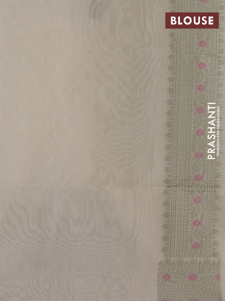 Banarasi cotton saree cream and pastel green with allover thread weaves and woven border