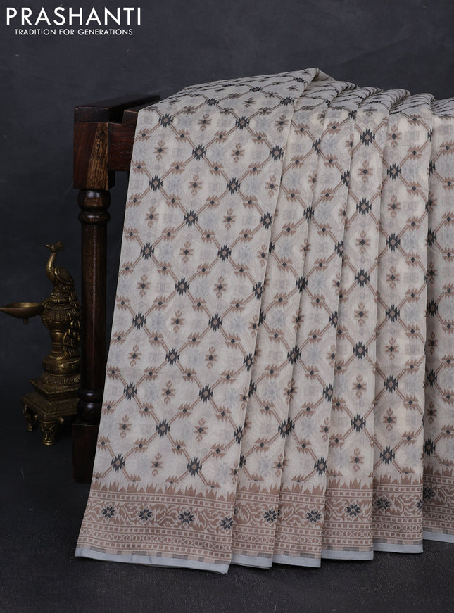 Banarasi cotton saree cream and brown with allover thread weaves and woven border