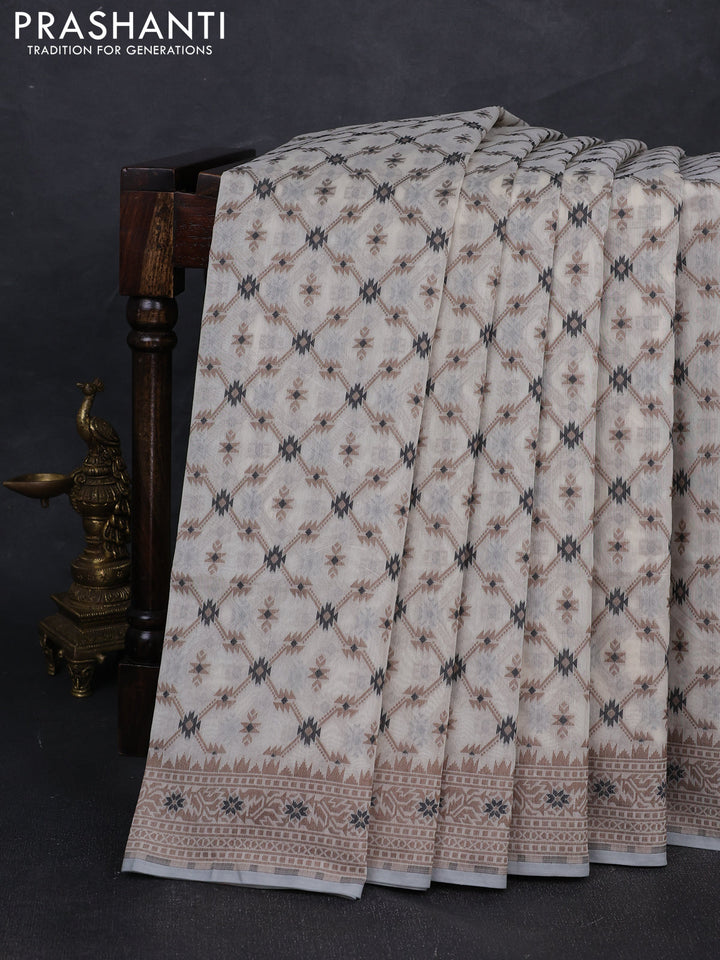 Banarasi cotton saree cream and brown with allover thread weaves and woven border