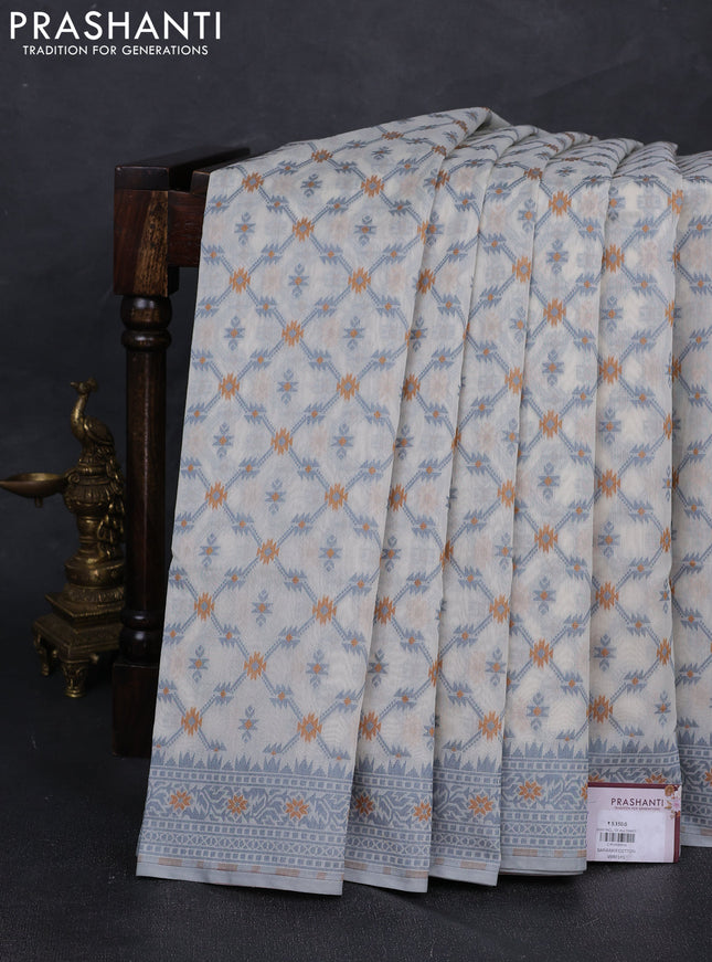 Banarasi cotton saree off white and grey with allover thread weaves and woven border