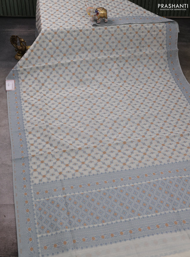 Banarasi cotton saree off white and grey with allover thread weaves and woven border
