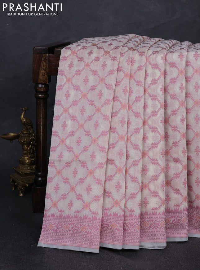 Banarasi cotton saree beige and mauve pink with allover thread weaves and woven border