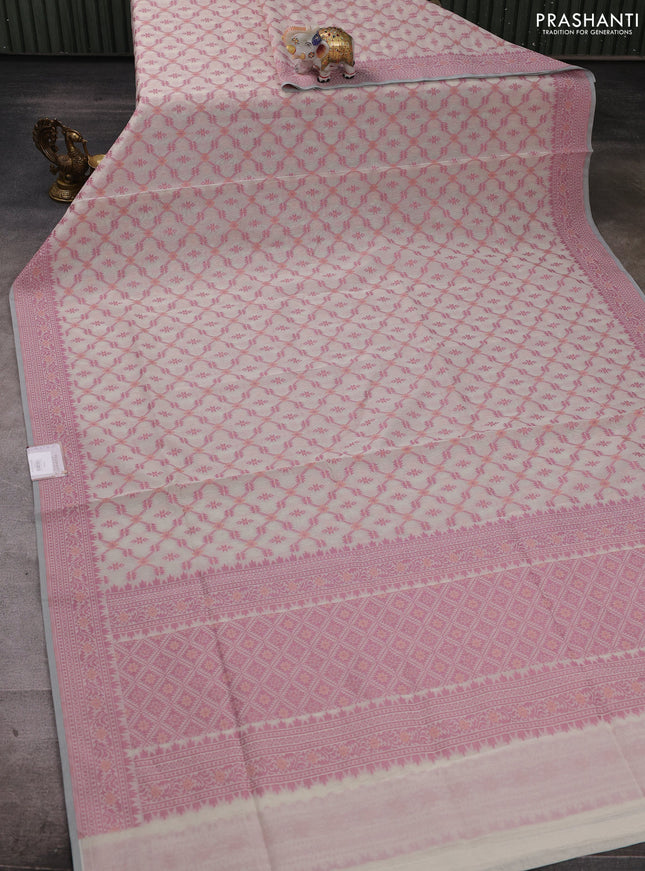 Banarasi cotton saree beige and mauve pink with allover thread weaves and woven border