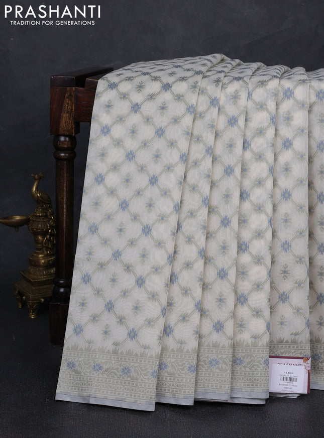 Banarasi cotton saree off white and pista green with allover thread weaves and woven border