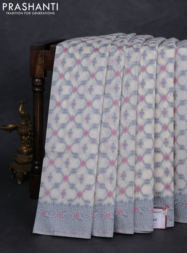 Banarasi cotton saree off white and grey with allover thread weaves and woven border