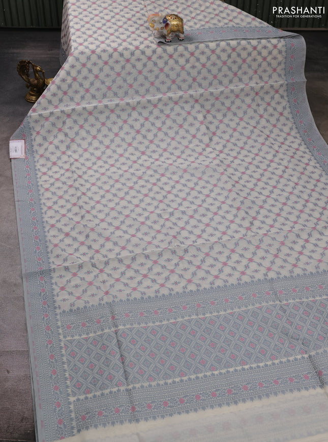 Banarasi cotton saree off white and grey with allover thread weaves and woven border