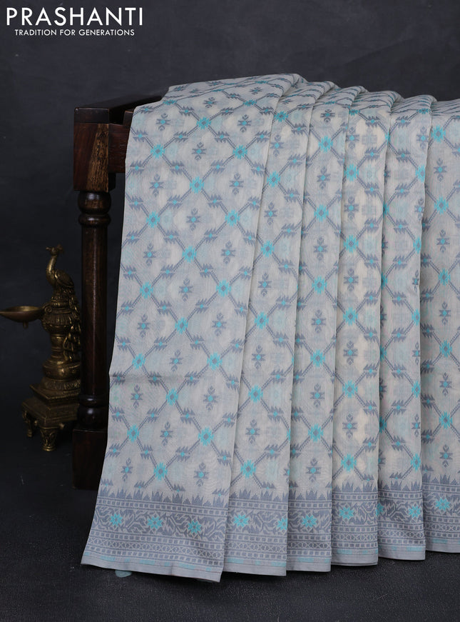 Banarasi cotton saree off white and grey with allover thread weaves and woven border