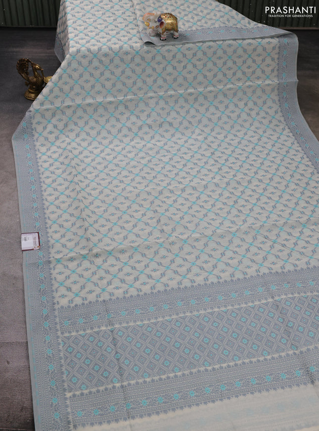 Banarasi cotton saree off white and grey with allover thread weaves and woven border