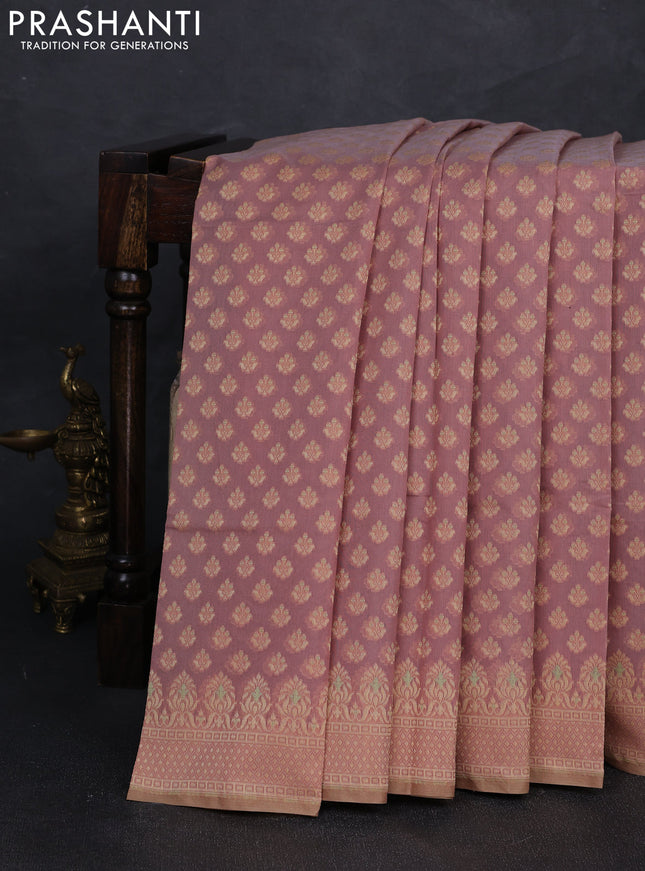 Banarasi cotton saree peach shade with thread woven butta weaves and woven border