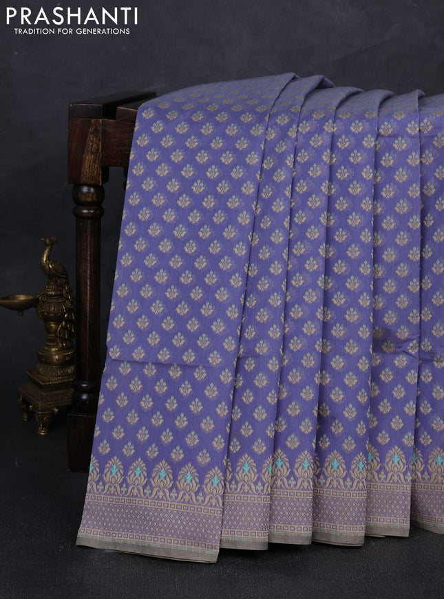 Banarasi cotton saree blue with thread woven butta weaves and woven border