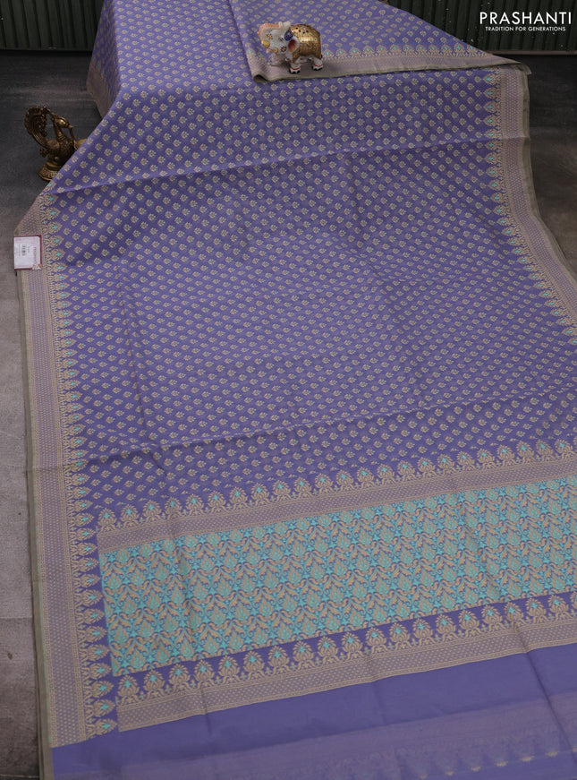 Banarasi cotton saree blue with thread woven butta weaves and woven border