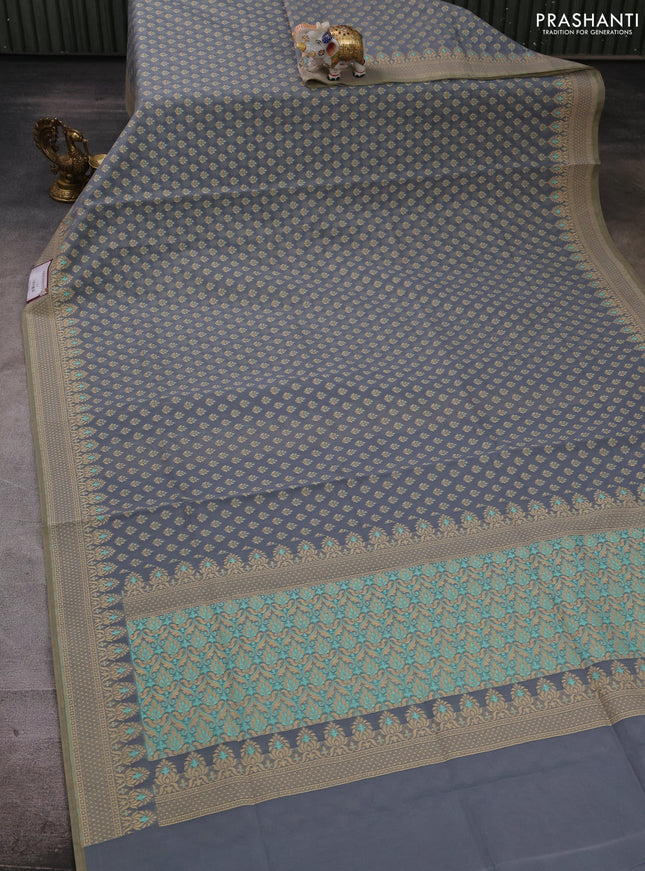 Banarasi cotton saree grey with thread woven butta weaves and woven border