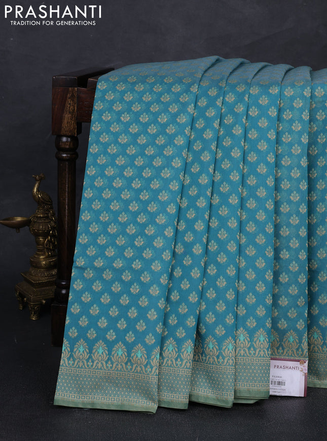 Banarasi cotton saree teal blue with thread woven butta weaves and woven border