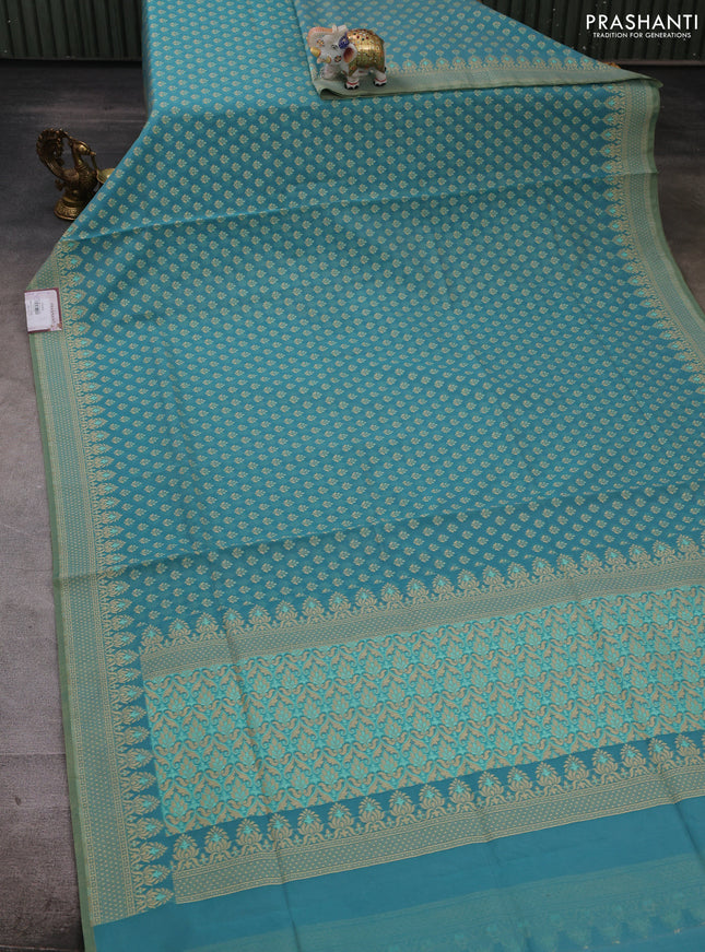 Banarasi cotton saree teal blue with thread woven butta weaves and woven border