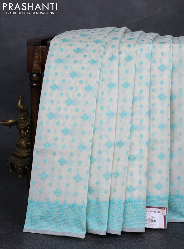 Banarasi cotton saree off white and teal blue with thread woven butta weaves and woven border