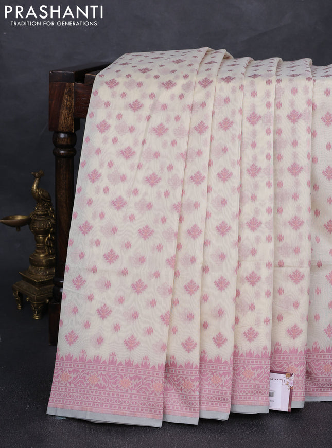 Banarasi cotton saree off white and pastel pink with thread woven butta weaves and woven border