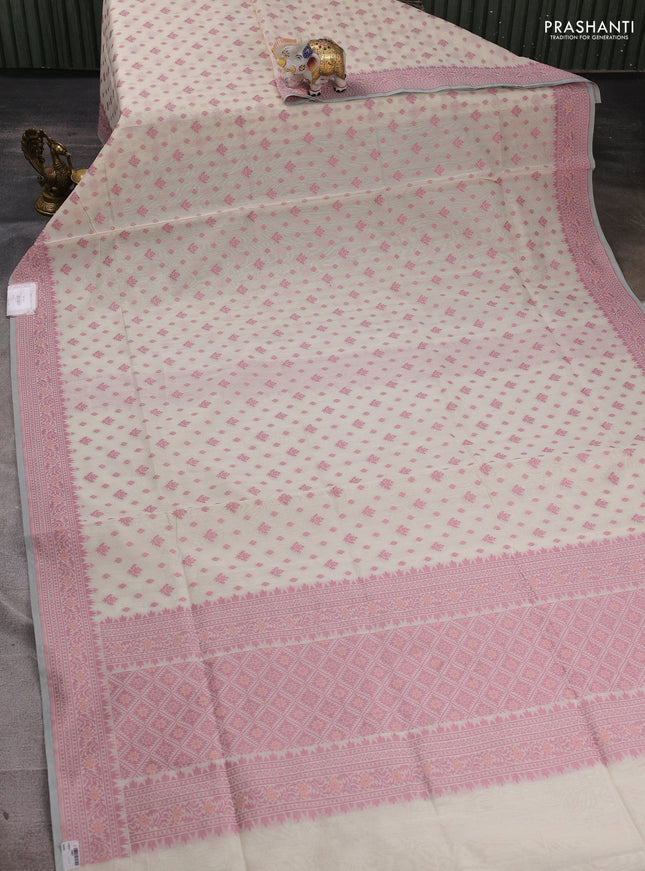 Banarasi cotton saree off white and pastel pink with thread woven butta weaves and woven border