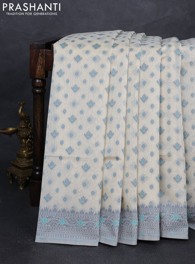 Banarasi cotton saree cream and grey with thread woven butta weaves and woven border
